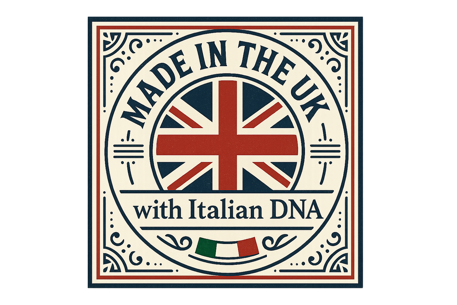 A symmetric made in the UK stamp with a small note inside the stamp saying "with Italian DNA"